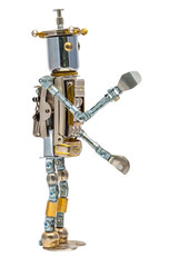 Steampunk robot. Cyberpunk style. Chrome and bronze parts.