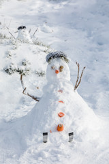cute snowman on snowy field