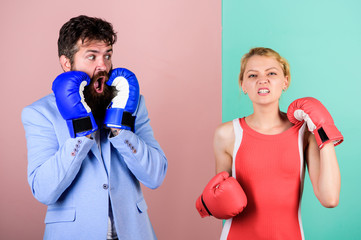 Fight for your happiness. bearded man hipster fighting with woman. problems in relationship. sport....