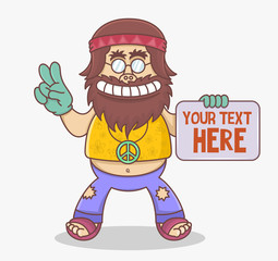 Funny cartoon hippie character holds a sign. Man hippie with long brown hair and mustache in flared pants and yellow shirt. Retro fashion sixties seventies.