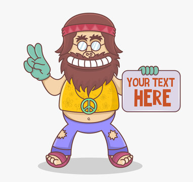 Funny cartoon hippie character holds a sign. Man hippie with long brown  hair and mustache in flared pants and yellow shirt. Retro fashion sixties  seventies. Stock Vector | Adobe Stock
