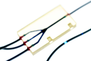 Organ-on-a-chip (OOC) - microfluidic device chip that simulates biological organs that is type of artificial organ. Prototype of design lab-on-a-chip in microfluidic laboratory