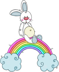 Baby boy bunny on rainbow with blue clouds