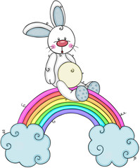 Baby boy bunny on rainbow with blue clouds