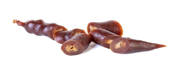 Georgian homemade churchkhela with walnuts and grape juice isolated on white