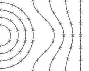 Vector set of spiraling barbed wires. Curved, wavy, arcing, straight repeatable barbwire segments.