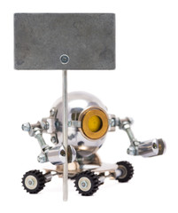 Steampunk robot holding metal sign. Cyberpunk style. Chrome and bronze parts.