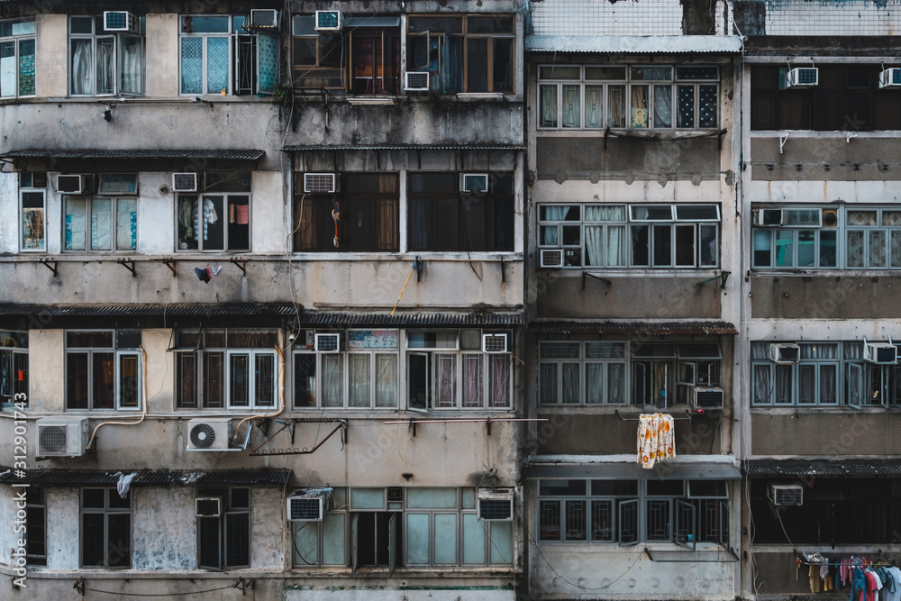 Sticker old building facade, run down house exterior, hongkong -