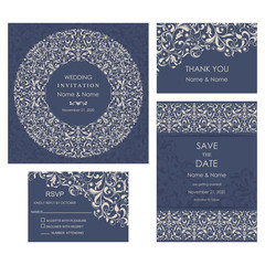 Wedding Invitation, with rsvp, save the date and thank you card baroque style. Vintage  Pattern. Retro Victorian ornament. Frame with flowers elements. Vector illustration. © natalitovchenko