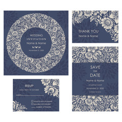 Wedding Invitation, with rsvp, save the date and thank you card baroque style. Vintage  Pattern. Retro Victorian ornament. Frame with flowers elements. Vector illustration.