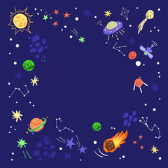 Outer space drawn by hand in cartoon style. Design background with meteorite, UFO, satellite, planet Saturn, different constellations and stars. Copy space.