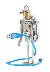 Steampunk robot. Cyberpunk style. Chrome and bronze parts. Isolated on white.