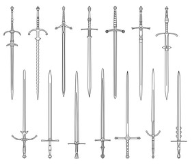 Set of simple monochrome images of medieval two-handed swords drawn by lines. - 312903138
