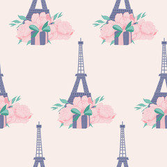 paris, gofts and peonies in a seamless pattern design