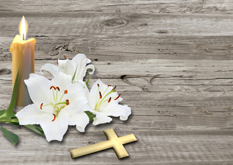 cross , lilies and candle