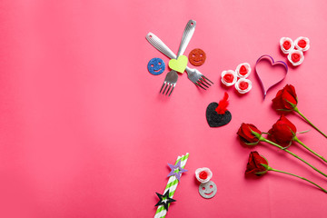 Gift box, red rose and little heart shape on pink background. Valentine day concept  