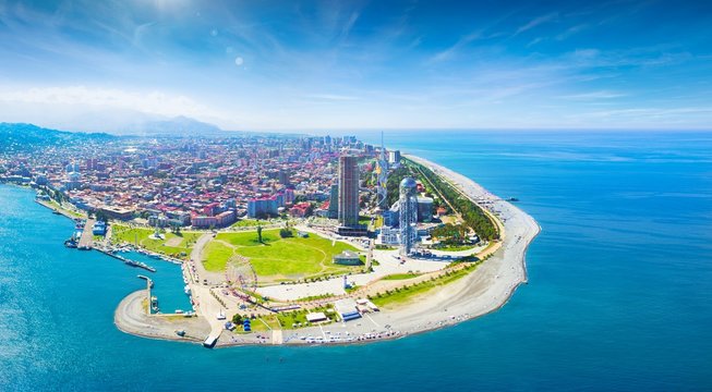 Aerial panoramic image of beautiful Batumi in Georgia made with drone in sunny summer weather.