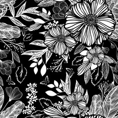 The seamless background is monochrome flowers. Vector illustration