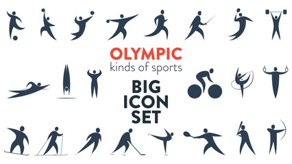 Big set of icons for different kinds of sports. Modern flat pictograms of baseball, football, basketball, gymnastics, skating, cycling, swimming, tennis, voleyball, handball, fencing, hockey and more - obrazy, fototapety, plakaty