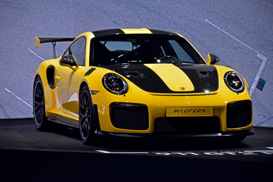 FRANKFURT, GERMANY - SEP 23, 2017: Porsche 911 GT2 RS. Heckantrieb / Leistung: 515 kW, 700 PS / Beschleunigung 0 - 100 km/h: 2,8 s / H&ouml;chstgeschwindigkeit: 340 km/h - Porsche IAA 2017 - german brand.
