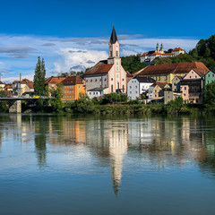 Passau, Germany and Inn River, St Getraubt church in prominent place