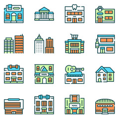 Fototapeta premium City locations color linear icons vector set