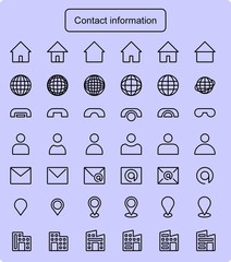 Contact information icons set. Contact us icon. Home, house, web, website, globe, user, man, people, pin, map, location, factory, phone, office, telephone, mail, message, email, envelope.