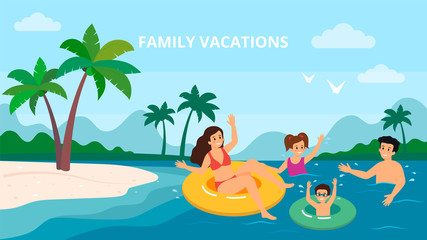 Family Swimming Holiday Sea Seaside Summer Vacation Parents With Two Children Vector Illustration