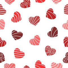 Bright red hearts with striped pattern on white background. Seamless pattern for Valentine day. Suitable for packaging, wrapping, textile.	