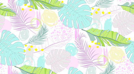 Pattern with tropical leaves and scrawl