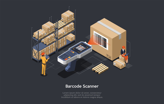 Isometric warehouse manager or warehouse worker with big barcode scanner is checking goods. Process of scanning, loading and unloading goods. Stock taking job. Vector illustration
