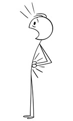 Vector cartoon stick figure drawing conceptual illustration of man suffering pain or backache and holding his injured back.