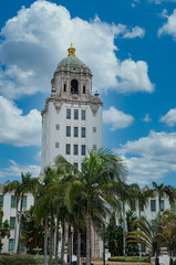 Fototapeta na wymiar Beverly Hills City Hall with Palm Trees and Nice Sky