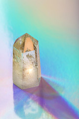 Crystal quartz Refracting light in vivid rainbow colors. Refractions of light in magic crystal....