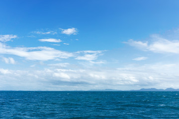 Blue sky over ocean water panoramic view.  Summer sailing holiday background.