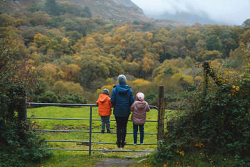 Fototapeta na wymiar family standing on fence and looking on forest