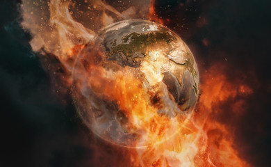 earth on fire global warming africa and europe illustration