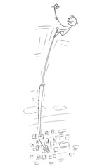 Vector cartoon stick figure drawing conceptual illustration of man taking dangerous photo selfie on high skyscraper modern building in city, because he can fall down.