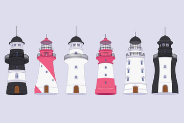 vector flat outline Lighthouse beacon set