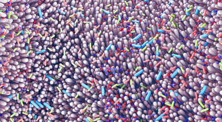 Different germs in the human intestines called microbiome - 3d illustration