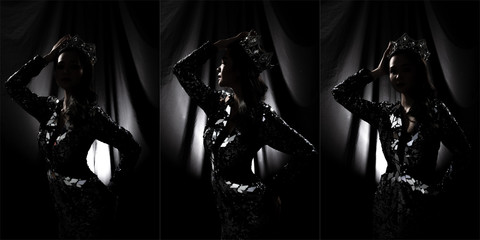 Fototapeta na wymiar Silhouette Low Exposure of collage group pack Portrait of Miss Pageant Beauty Contest in Mirror sequin Evening Gown sparkle Diamond Crown, Asian Woman feels confident in Black cloth drape background,