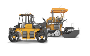 Construction machinery asphalt spreader machine and road roller working 3D rendering on white background with shadow