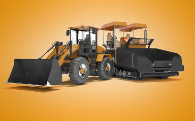 Construction machinery asphalt spreader machine and wheel bulldozer working 3D rendering on orange background shadow