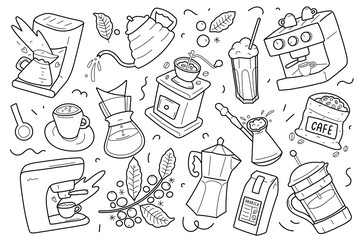 Set of coffee outline drawings, utensils, equipment and tools for various kinds of brewing coffee. Linear isolated vector cliparts. Hand drawn doodle illustrations. Coffee maker, grinder mill moka pot