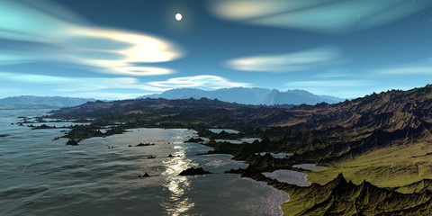 Alien Planet. Mountain and lake. 3D rendering