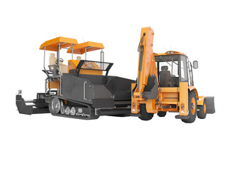 Orange wheeled tractor with bucket at the back and tracked paver in front 3D rendering on white background no shadow