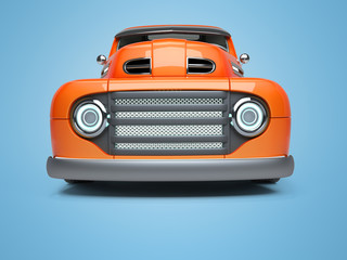 3D rendering orange electro car front view on blue background with shadow