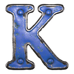 Uppercase letter K made of painted metal with blue rivets on white background. 3d