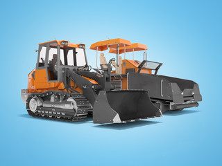 Road machinery orange paver and with tracked bulldozer tractor 3D rendering on blue background with shadow