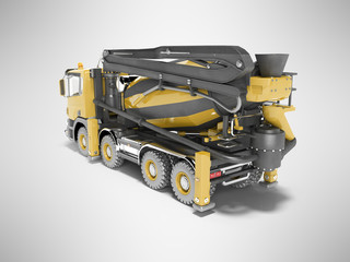 Yellow truck mixer with pump for concrete with conveyor belt isolated 3D rendering on gray background with shadow